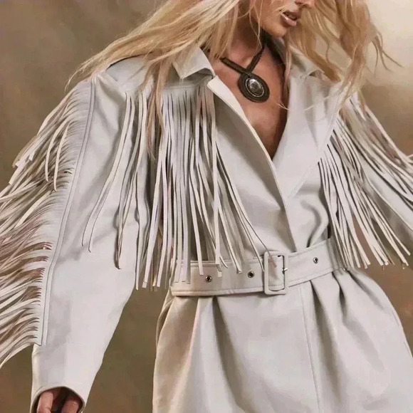 Beige Casual Women's Western Boho Fringe Woven Fabric Jacket - Picture 5 of 5